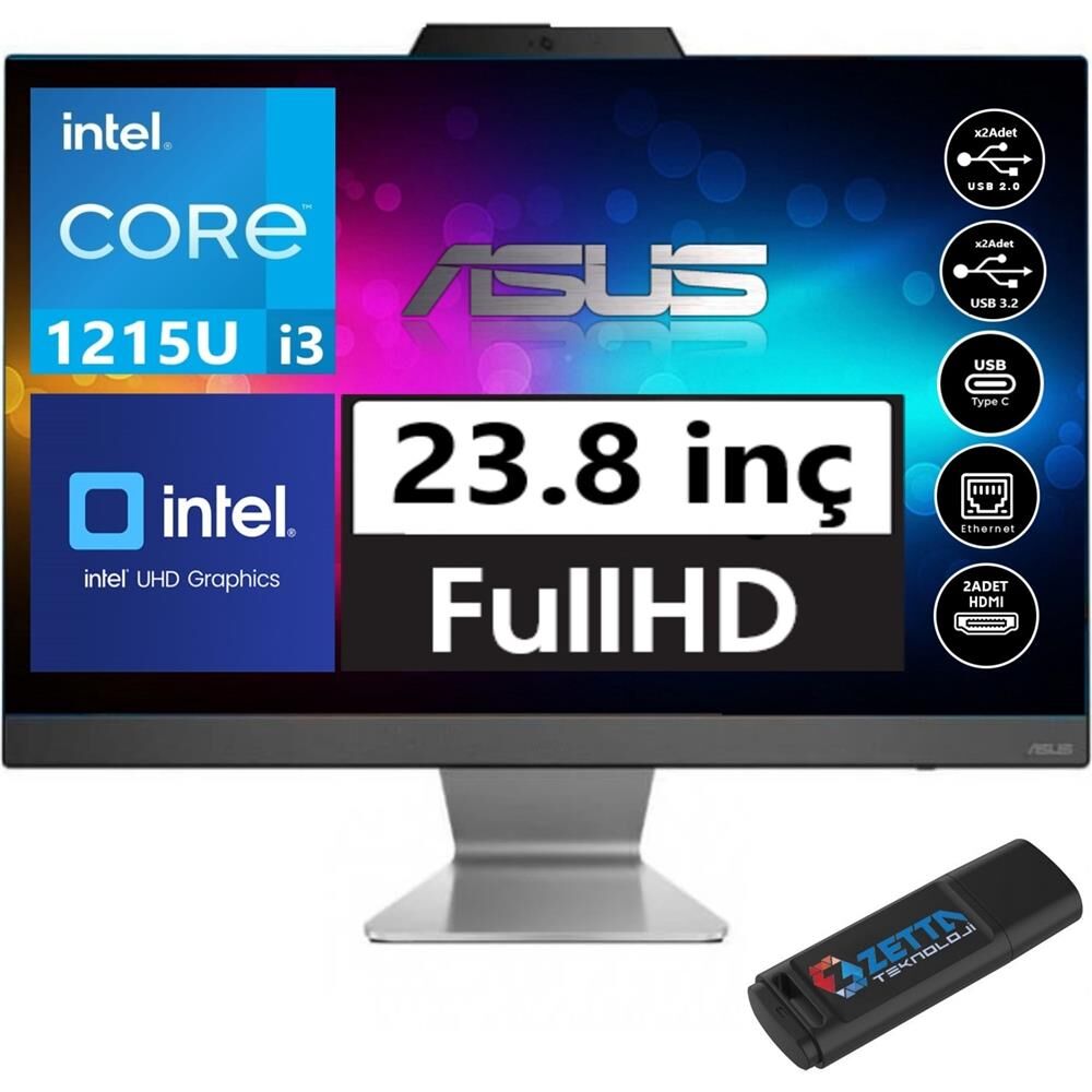 Asus A3402WBAK-I38512B0D i3-1215U 8GB 512GB SSD 23.8'' FullHD FreeDos Siyah All in One Bilgisayar